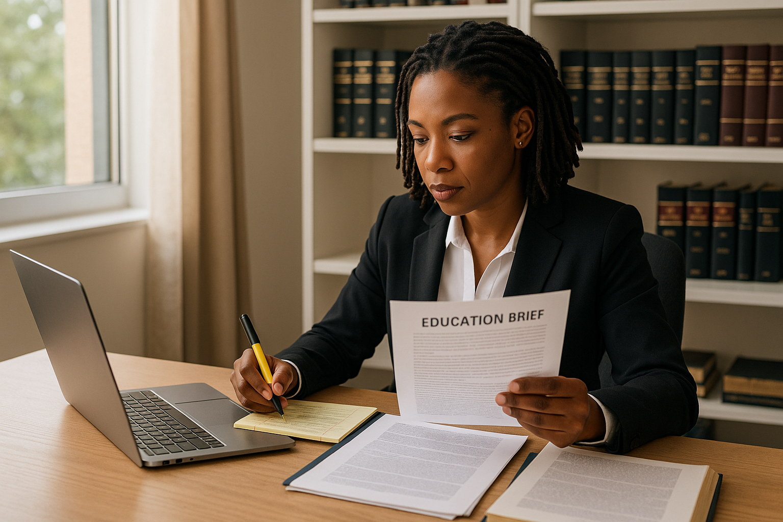 black professional woman with locs working as a remote paralegal working on education brief